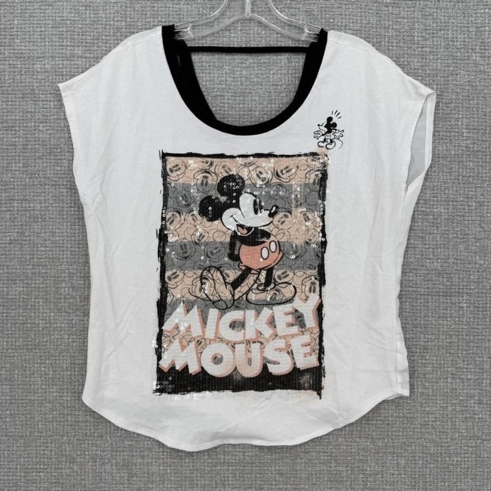 Disney Boutique T-Shirt Womens M White‎ Ringer Scoop Sequin Mickey Mouse